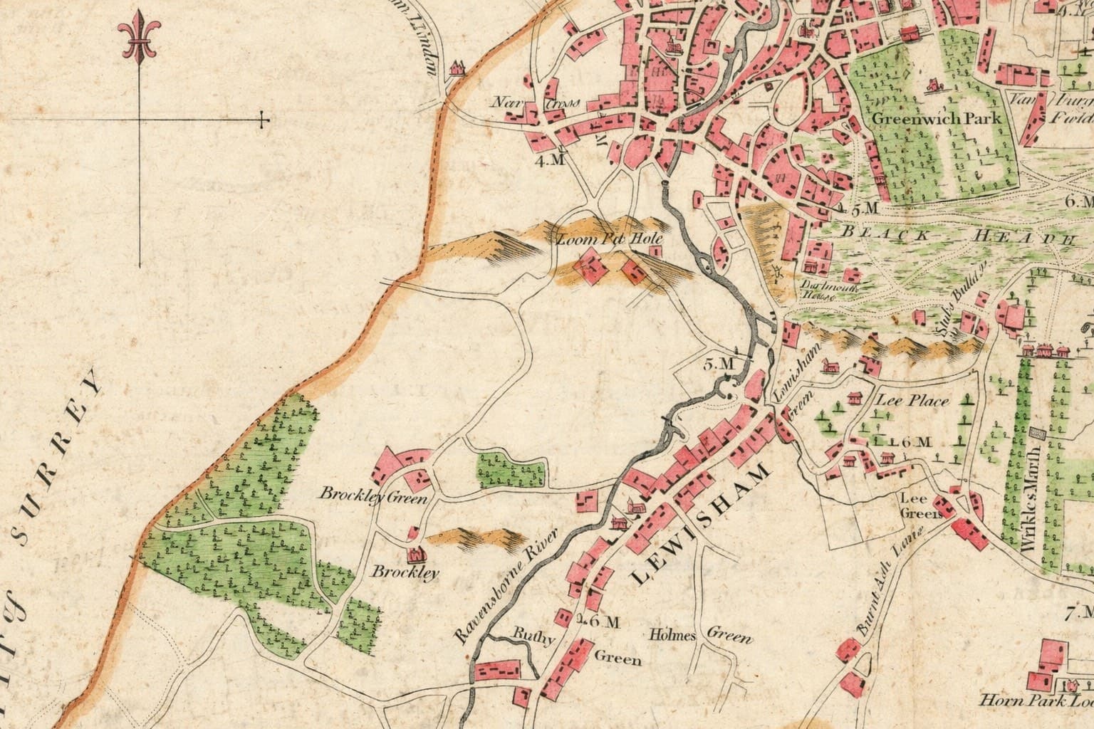 Zoomed-in detail of Edward Hasted's map of the hundred of Blackheath
