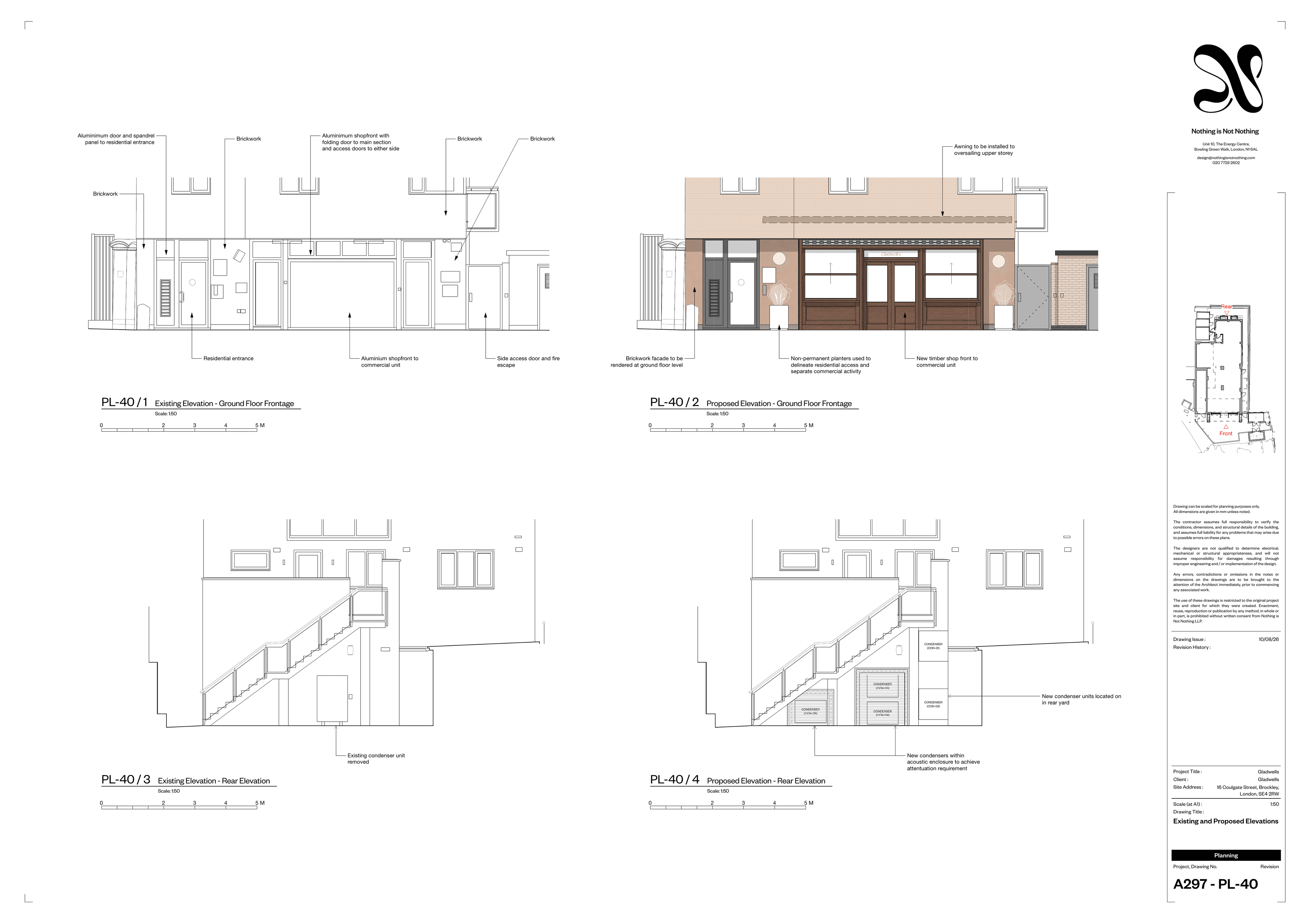 Submitted planning drawing comparing the existing glass frontage at 16 Coulgate Street with the proposed timber shopfront