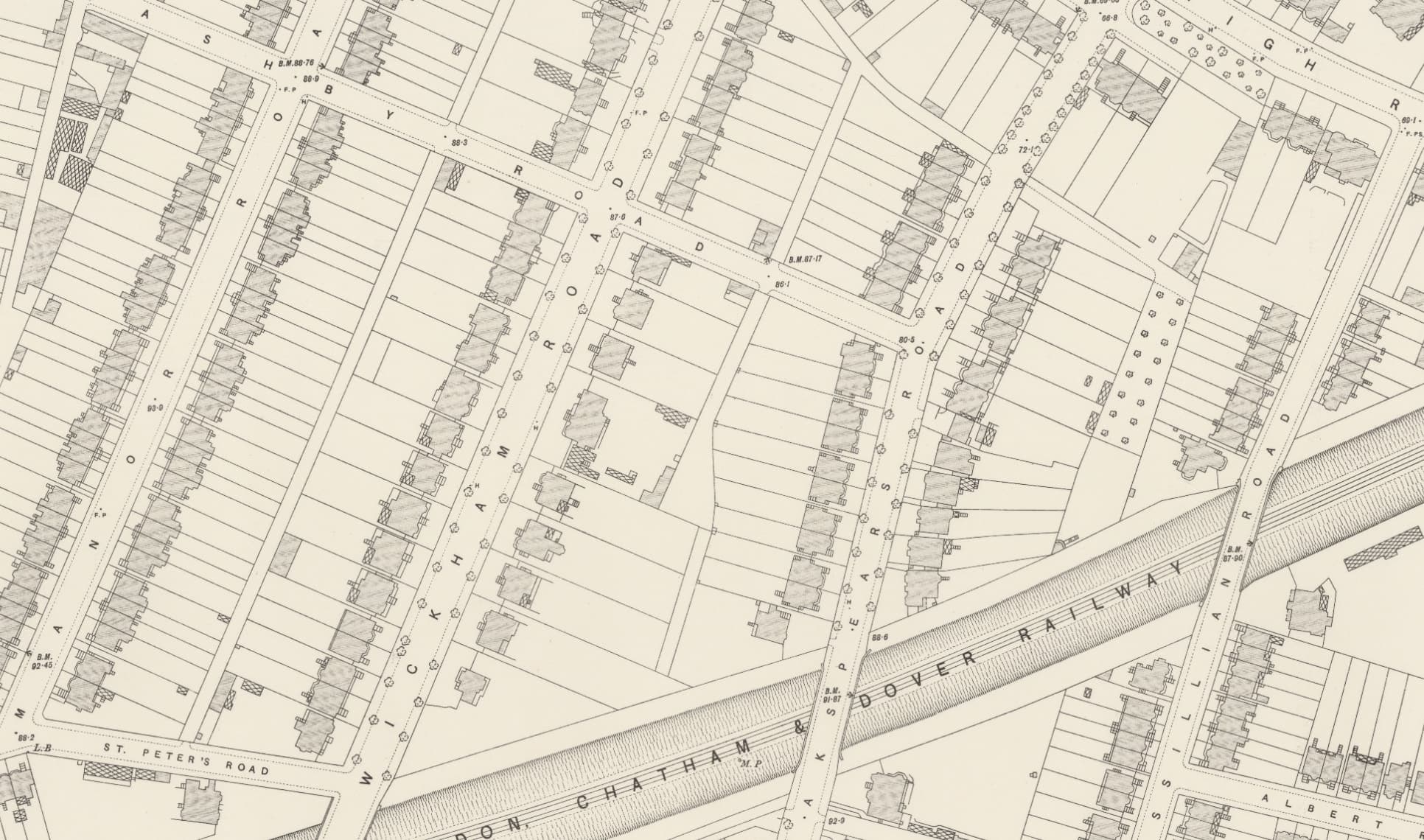 Ordnance Survey map of the same area, 1896 — the farm has been replaced by streets
