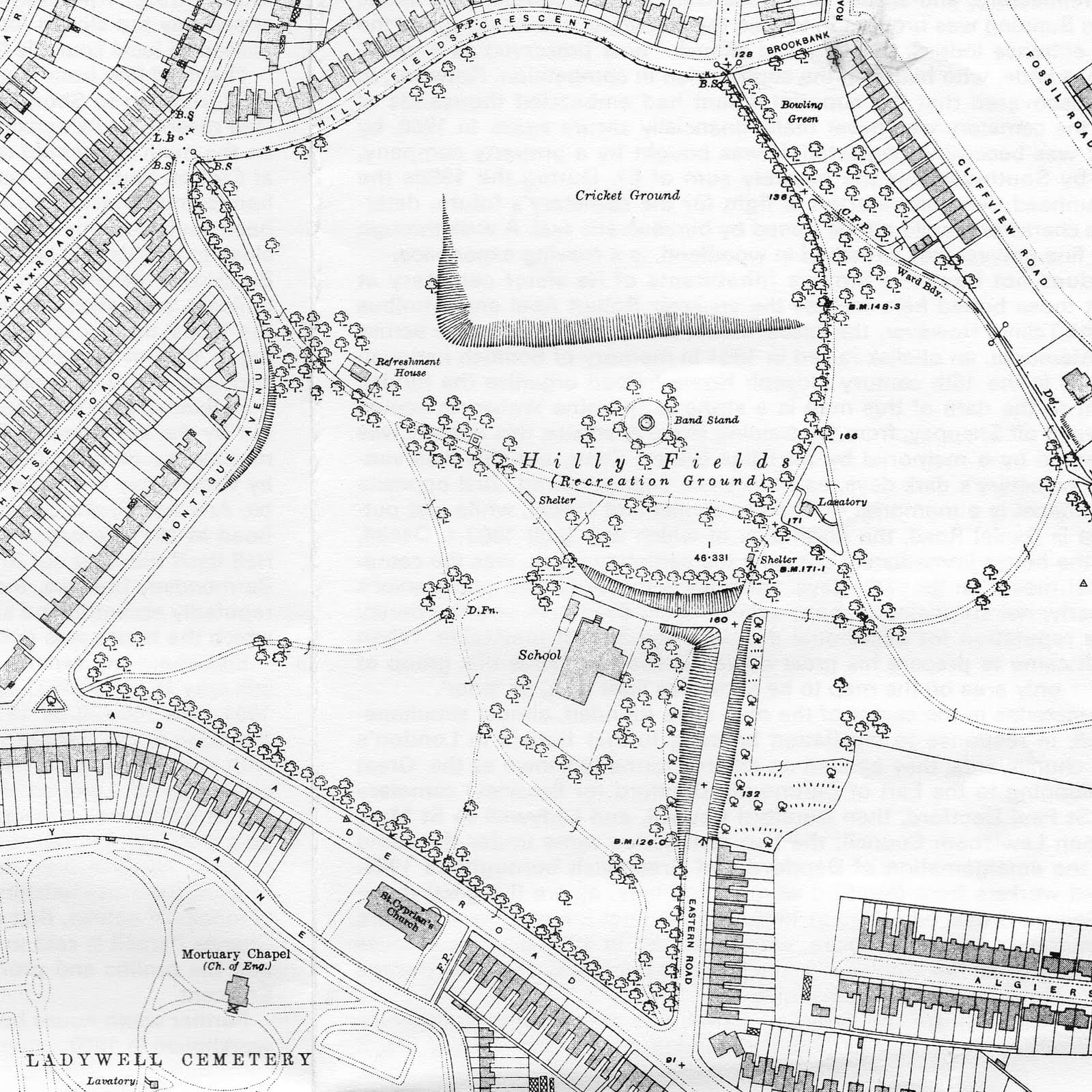 1914 Ordnance Survey map of Hilly Fields Recreation Ground, with the Band Stand, Refreshment House and shelters labelled