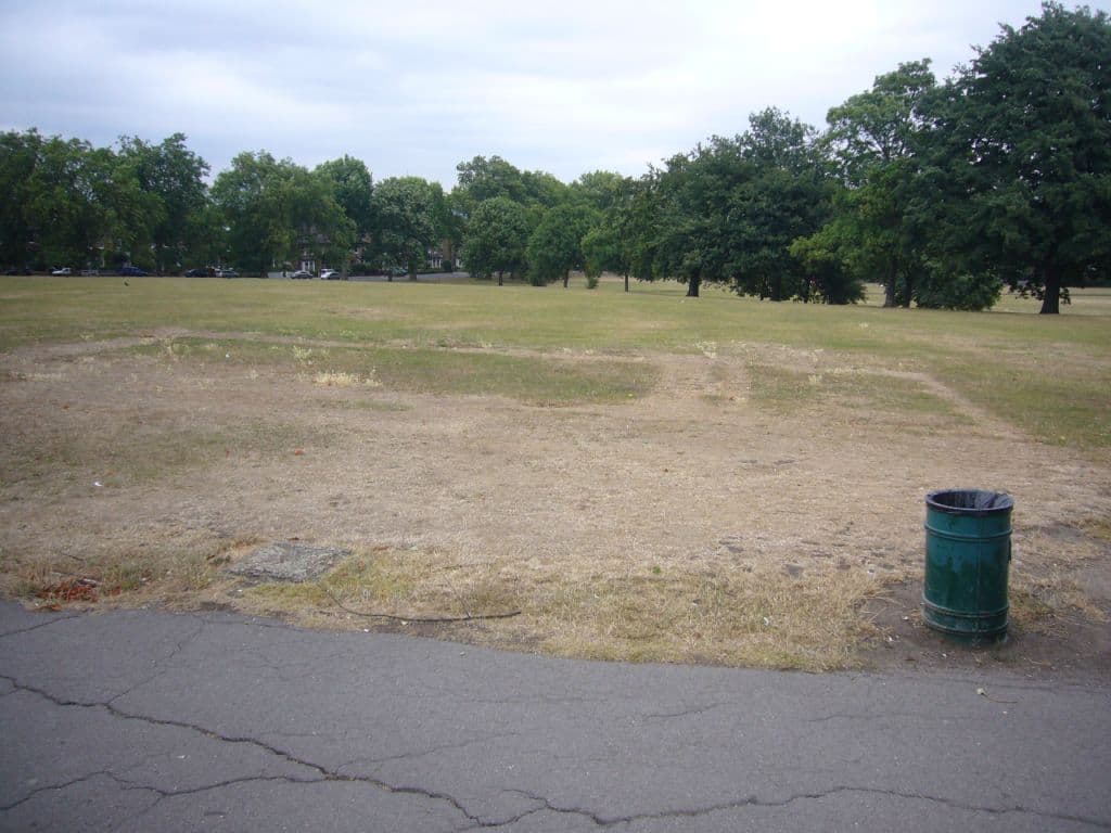 Pale rectangular marks in the grass of Hilly Fields near Montague Avenue, revealed by dry weather